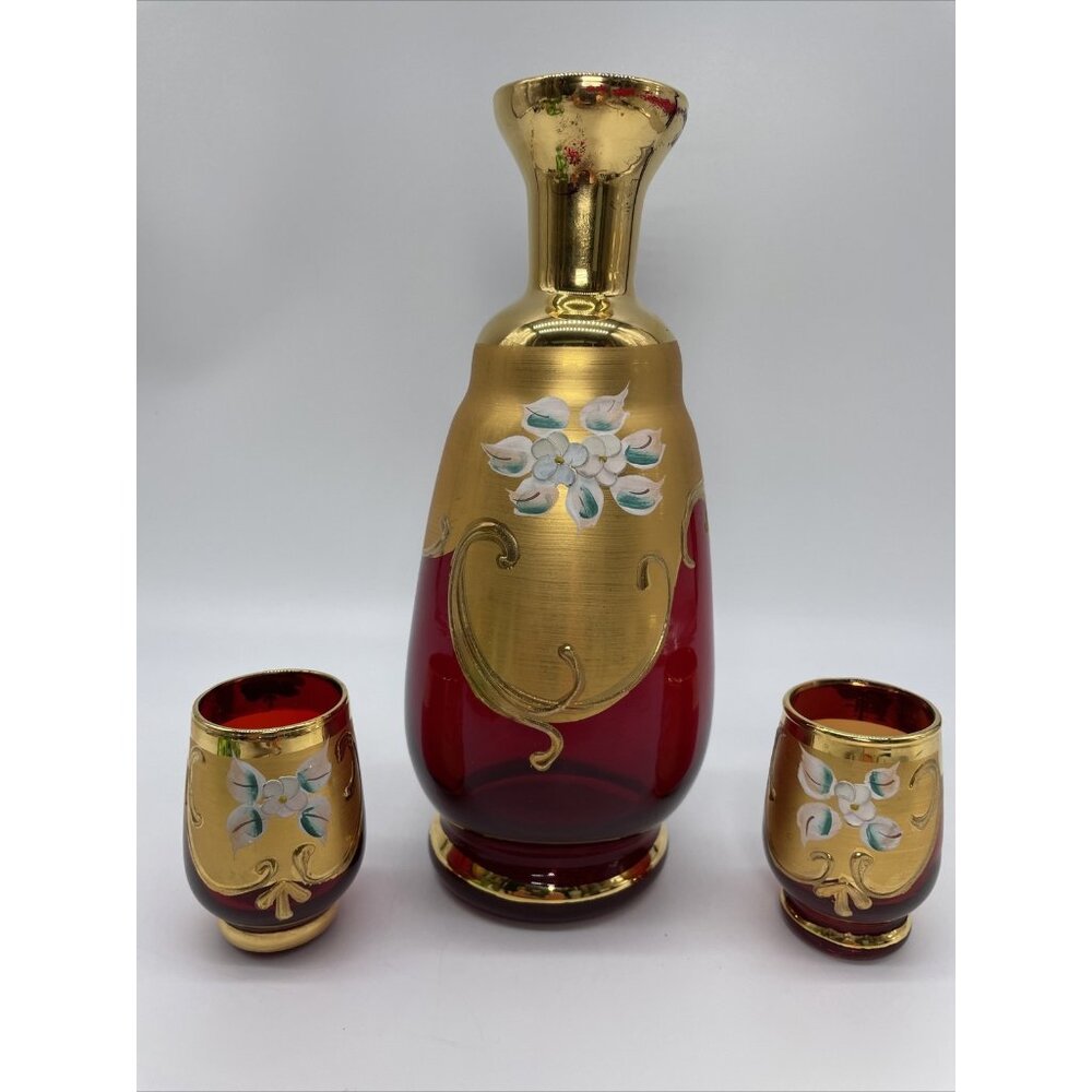 Joska Crystal Bohemia Czech Ruby Red Gold 2 Cups Hand Painted Florals plz SEE